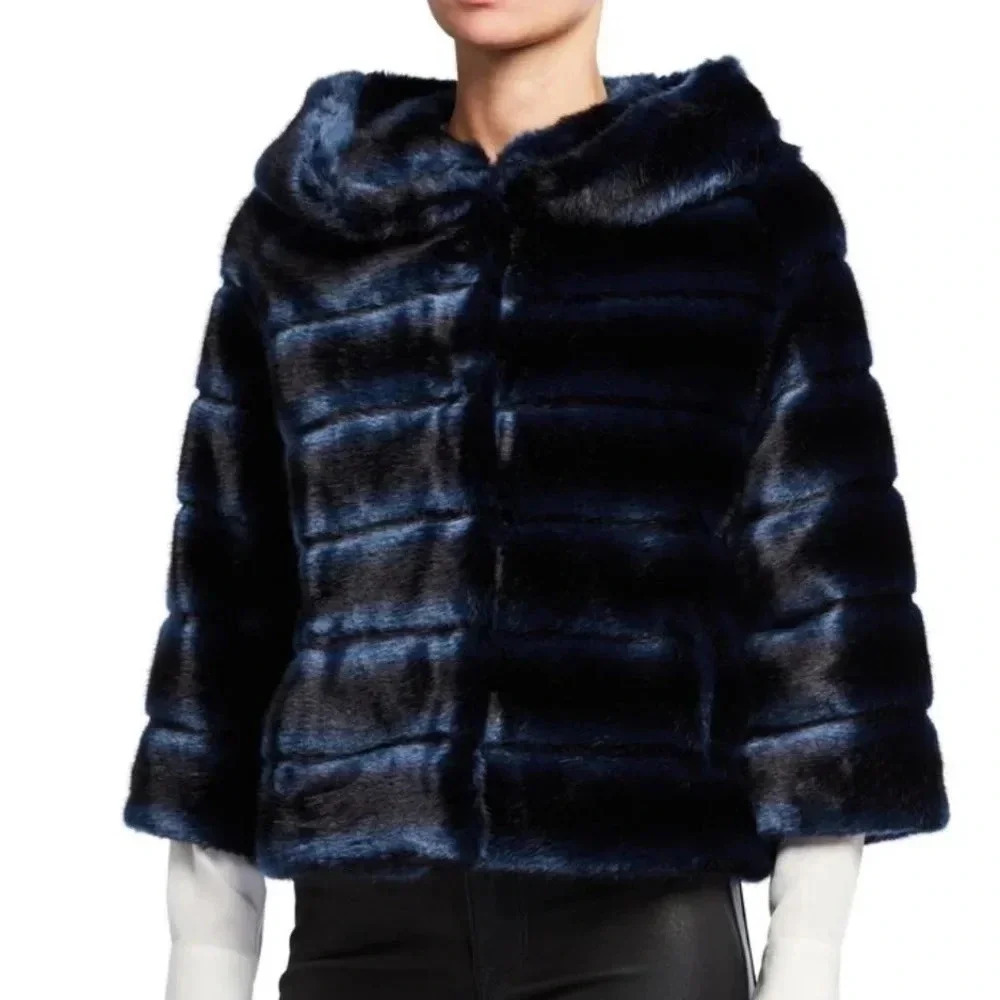 FAZ Not Fur  Faux Fur Blue Swing Topper Cropped 3/4 Sleeve Jacket Womens 2